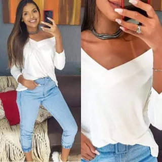 Moda Inverno: Blusa Feminina Manga Longa Gola V em Viscolycra - Preto