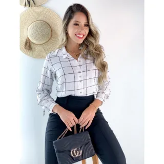 Blusa Feminina Social Manga Comprida Slim - Moda Casual Blogueiras - BRANCA XADRES MANGA COMPRIDA