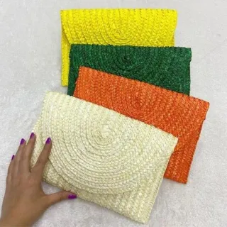 Ecobag feminina com forro interno e palha brilhosa - Carteira de palha natural - Amarelo