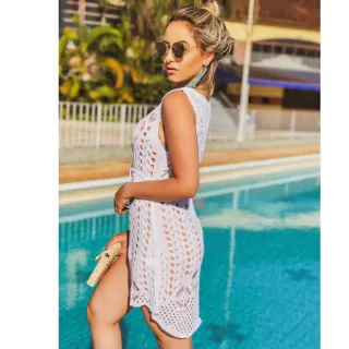 Modinha de qualidade: saída de praia aberta estilo colete mullet rendada - Branco