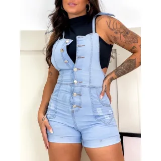 Jardineira Curta Salopete Jeans Claro e Escuro com Botões Strees 2023 - Jardineira Jeans Clara