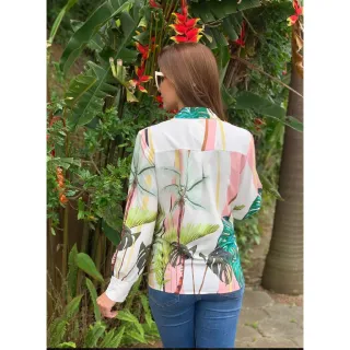 Estampada Chic Social Blusa Manga Longa com Botões - branco/azul/amarelo