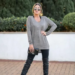 Blusa de frio feminina manga longa com zíper - Preto