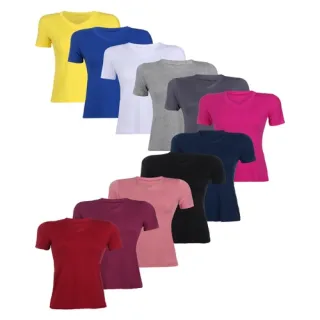 Manga Curta Gola V Kit 4 Blusas Femininas - BRANCO/ROSE/VINHO/PINK