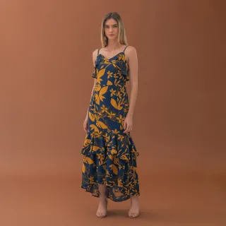 Vestido estampado flores longo com babados em crepe setinado - Folha Laranja e fundo azul