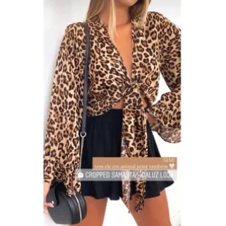 Blusa Frente / Costa Amarrar Cropped Onça Manga Longa Flare Babado - onca amarelo