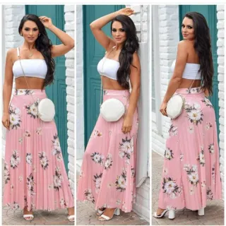 Moda Luxo Evento Saia Longa Feminina Plissada Estampada Floral - Branco off 2