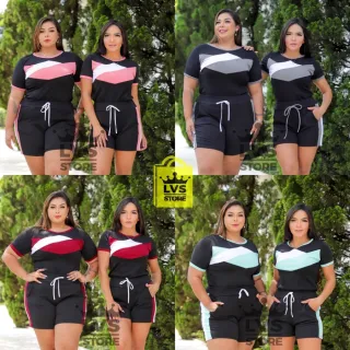Moda Verão Conjunto Plus Size Blusa e Short Detalhe Manguinha - CONJ ROSA