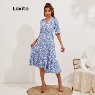 Vestido Boho Francês Ditsy Floral Lovito com Babado e Renda (Azul Claro) - Azul Claro