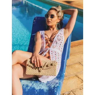 Modinha de qualidade: saída de praia aberta estilo colete mullet rendada - Branco