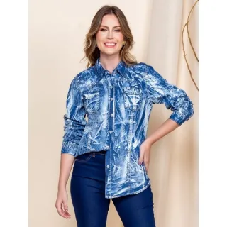 Camisa feminina manchada jeans com botão na manga - modelo 3011 - Azul Claro