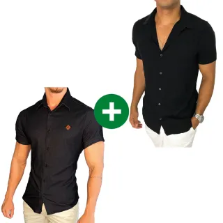 Camisa Jeans Masculina Manga Curta + Camisa Social Slim Manga Curta - Jeans Claro+Viscolinho Preta