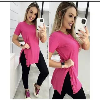 Verão Blusa T-shirt Manga Curta Canelado Mullet Veste Legging Camisa - Fúcsia