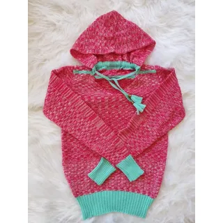 Promoção: Suéter Tricô Inverno Manga Longa Blusa Trico com Capuz Feminina - Pink/Azul Claro