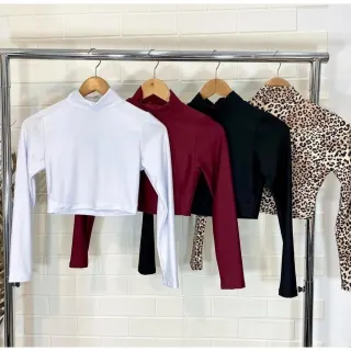 Lançamento: Blusinha Manga Longa Suplex Cropped Gola Alta Moda Outono Inverno - Vermelho