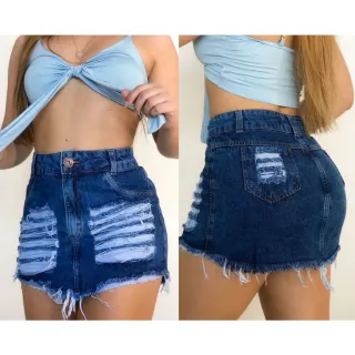 Saia Destroyed Jeans Feminina Cintura Alta Hot Pants - Saia Detonada Escuro