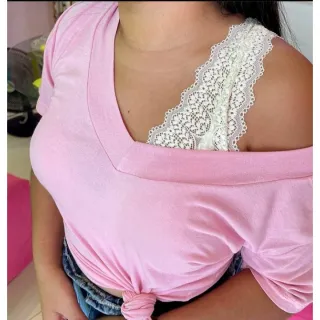 Preço baixo! Blusinha feminina malha podrinha manga curta decotada - Azul bb