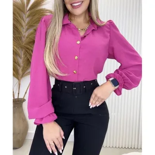 Moda Tendência: Camisa Social Feminina com Manga Estico e Botão - Preto