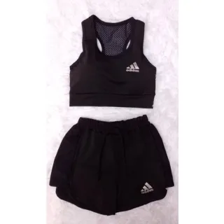 Moda Academia Conjunto Fitness Feminino Top e Shorts - Azul Preto