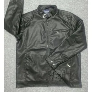 Jaqueta masculina moderna resistente em couro sem capuz - Preto