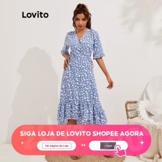 Vestido Boho Francês Ditsy Floral Lovito com Babado e Renda (Azul Claro) - Azul Claro