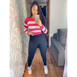 Blusa Listrada Manga Longa de Tricô - BEGE COM BRANCO