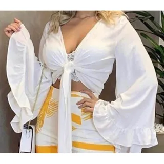 Roupa Feminina Cropped Blusa Manga Flare Babado - Fúcsia