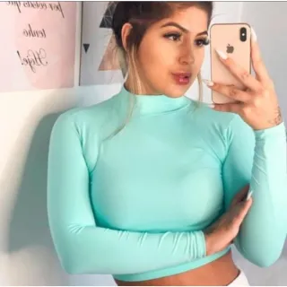 Lançamento: Blusinha Manga Longa Suplex Cropped Gola Alta Moda Outono Inverno - Vermelho