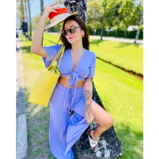 Pantalona com fenda lateral e conjunto cropped de manga curta - Verde Lima Verão - manga curta