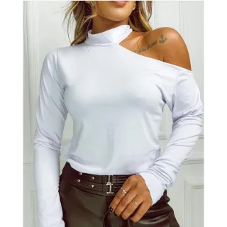 Blusa Animal Print Feminina Choker Manga Longa Ombro a Mostra - Zebra Bege - Manga Longa