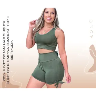 Conjunto Fitness Malhar Top e Bermuda - Suplex Empina Bumbum - Verde Militar