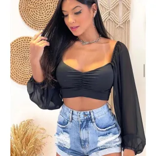 Blusinha manga longa com bojo e tule bufante Juliette - Branco