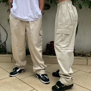 Barra Larga Sarja Skate Cargo Calça - Creme (clara )