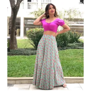 Elegante Saia Longa Plissada Evangélica Flor Cintura Alta-031 - Lilás