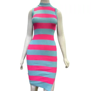 Elegante Vestido Feminino Listrado Canelado Luxo Com Fendas Meia Gola - BEGE E OFF WHITE