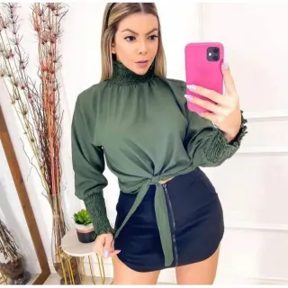 Blusa social cropped manga longa feminino gola alta - MILITARR