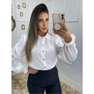 Moda Tendência: Camisa Social Feminina com Manga Estico e Botão - Preto