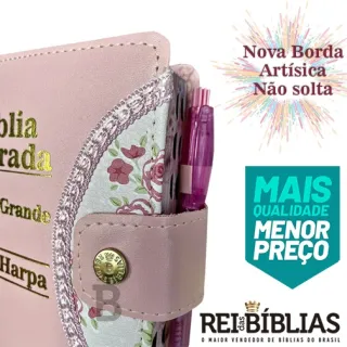 Bíblia Feminina Rosa com Letra Grande - Harpa, Botão e Caneta - Único