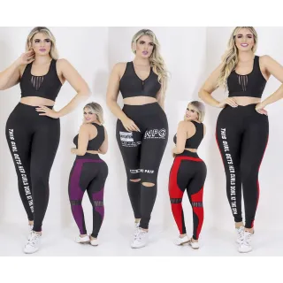 Conjunto Fitness Top Nadador Suplex + Calça Legging Cintura Alta Levanta Bumbum