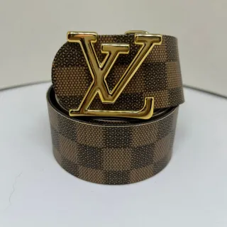 Couro Xadrez Dupla Face Cinto Masculino - Ouro Escovado - Marrom