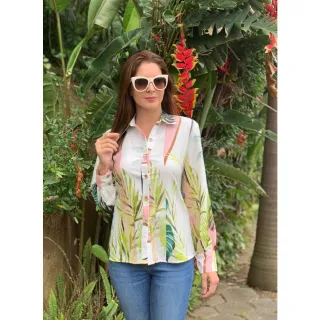 Estampada Chic Social Blusa Manga Longa com Botões - branco/azul/amarelo