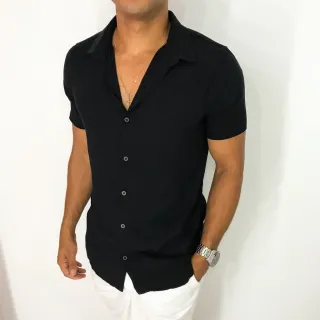 Camisa Jeans Masculina Manga Curta + Camisa Social Slim Manga Curta - Jeans Claro+Viscolinho Preta