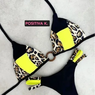 Lançamento 2023 - Biquini Calcinha Fio Duplo com Bojo Neon Oncinha - Neon /Oncinha - AMARELO