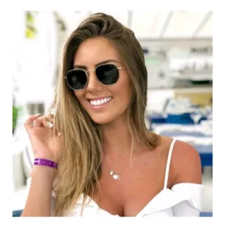 Óculos sol feminino masculino hexagonal armação metal - Azul