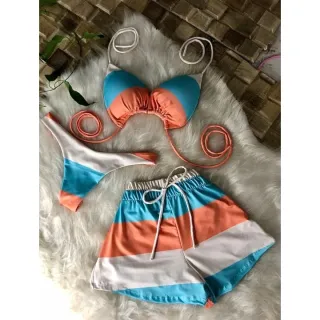 Lançamento 2023: Biquini feminino + Shorts de amarrar - Saida de praia
