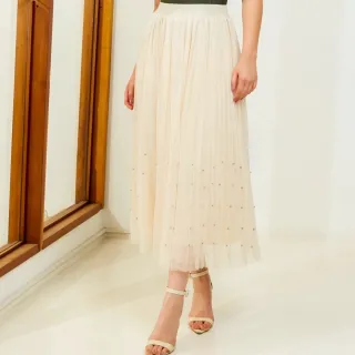 Moda Verão Saia Feminina Forrada de Tule Midi com Brilho - 3RD SD044 - Creme