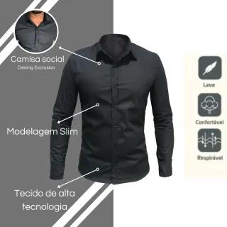 Manga Longa Camisa Social Masculina Slim fit Luxo Estilosa - Preto
