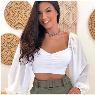 Blusinha manga longa com bojo e tule bufante Juliette - Branco