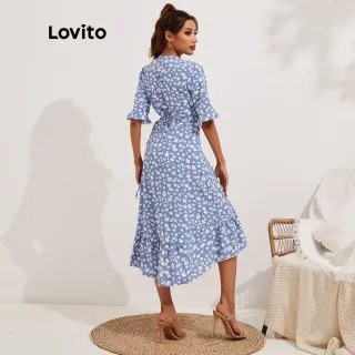 Vestido Boho Francês Ditsy Floral Lovito com Babado e Renda (Azul Claro) - Azul Claro