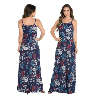 Moda evangélica: Vestido estampado longo soltinho de alcinha floral - 1- Verde floral